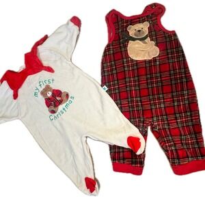 Vintage Baby First Christmas Outfit Set 6M Footed Sleeper + Plaid Bear Romper